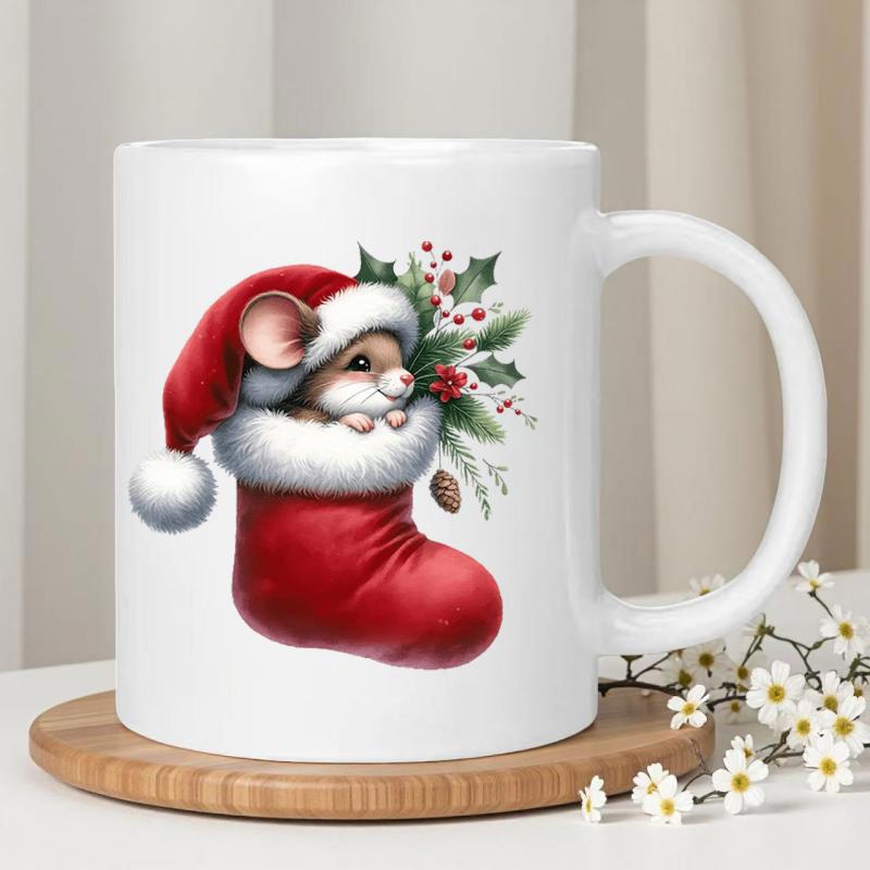 Tailorly White Ceramic 11 oz Mug - Cute Tiny Creature Peeking From Within A Festive Red Christmas Stocking Mouse