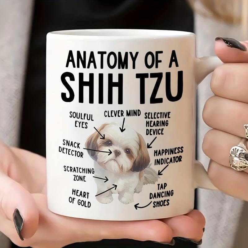 Tailorly White Ceramic 11 oz Mug - Anatomy Of A Shih Tzu Charming Fluffy White And Brown Dog With Humorous Labeling Arrows Shih Tzu