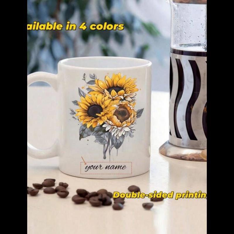 Tailorly White Ceramic 11 oz Mug - Your Name Vibrant Yellow Petals With Delicate Green Leaves Arranged In Artistic Bouquet Sunflower