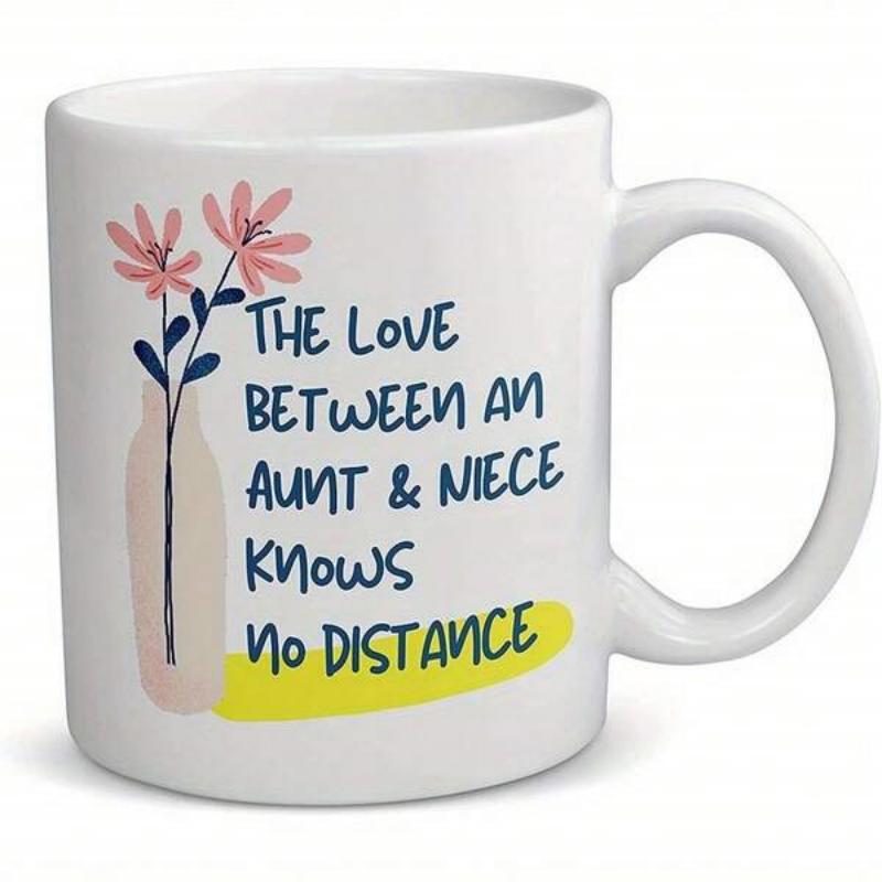 Tailorly White Ceramic 11 oz Mug - The Love Between An Aunt Niece Knows No Distance Elegant Pink Floral Arrangement In Minimalist Vase With Vibrant Yellow Accent