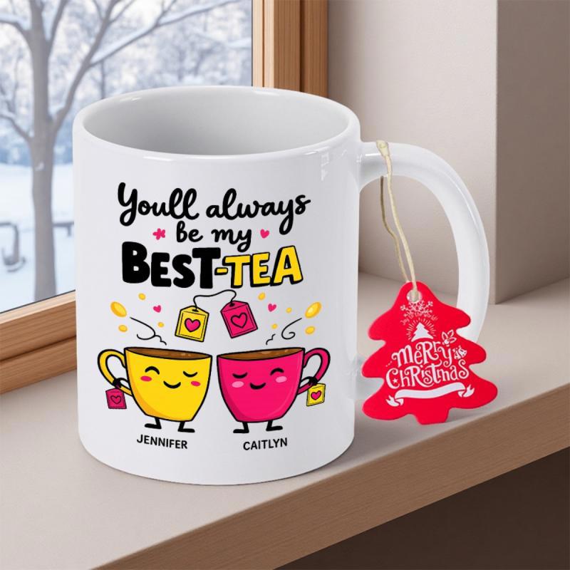 Tailorly White Ceramic 11 oz Mug - Youll Always Be My Best Tea Two Smiling Cartoon Teacups With Small Hearts And Decorative Sparkles Mug