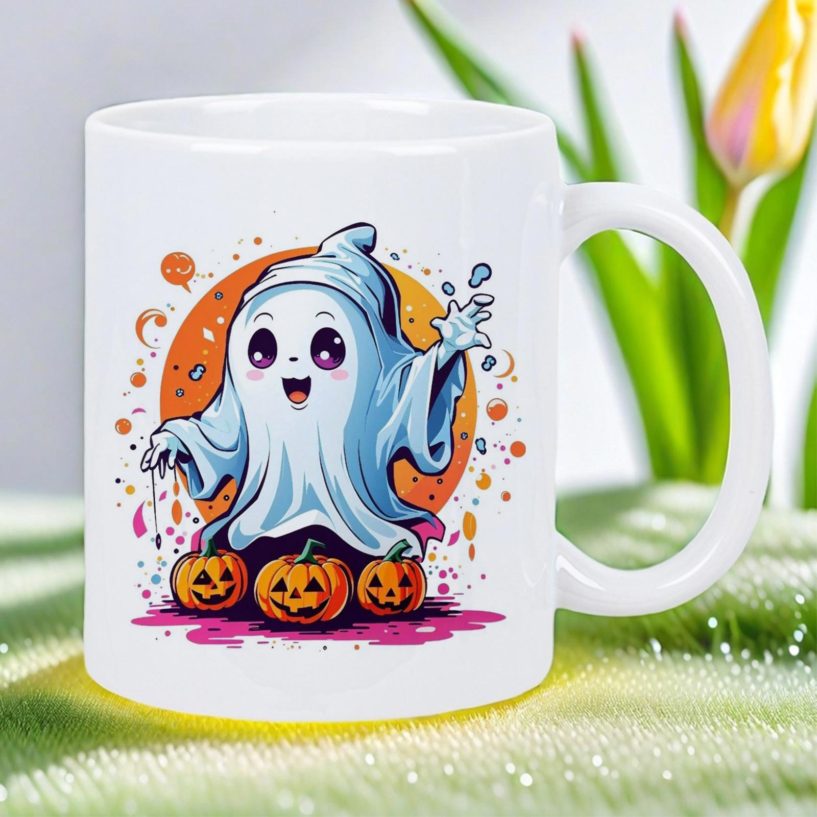 Tailorly White Ceramic 11 oz Mug - Cute Playful Cartoon Spirit Waving Among Festive Halloween Pumpkins Ghost