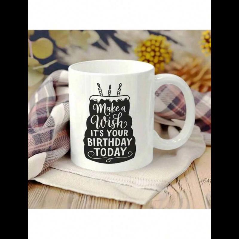 Tailorly White Ceramic 11 oz Mug - Make A Wish Its Your Birthday Today Black Tiered Silhouette With Burning Candles For A Celebratory Festive Vibe Cake
