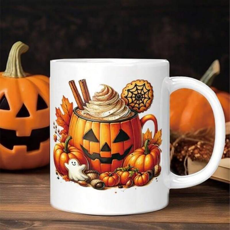 Tailorly White Ceramic 11 oz Mug - Festive Halloween Mug Filled With Whipped Cream Surrounded By Fall Leaves Ghost Pumpkin