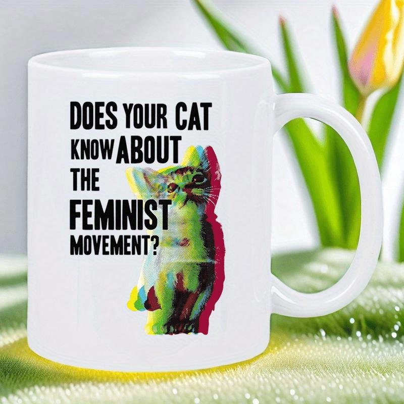 Tailorly White Ceramic 11 oz Mug - Does Your Cat Know About The Feminist Movement Colorful Glitch Effect Style Design Featuring A Sitting Artistic Rainbow Colored