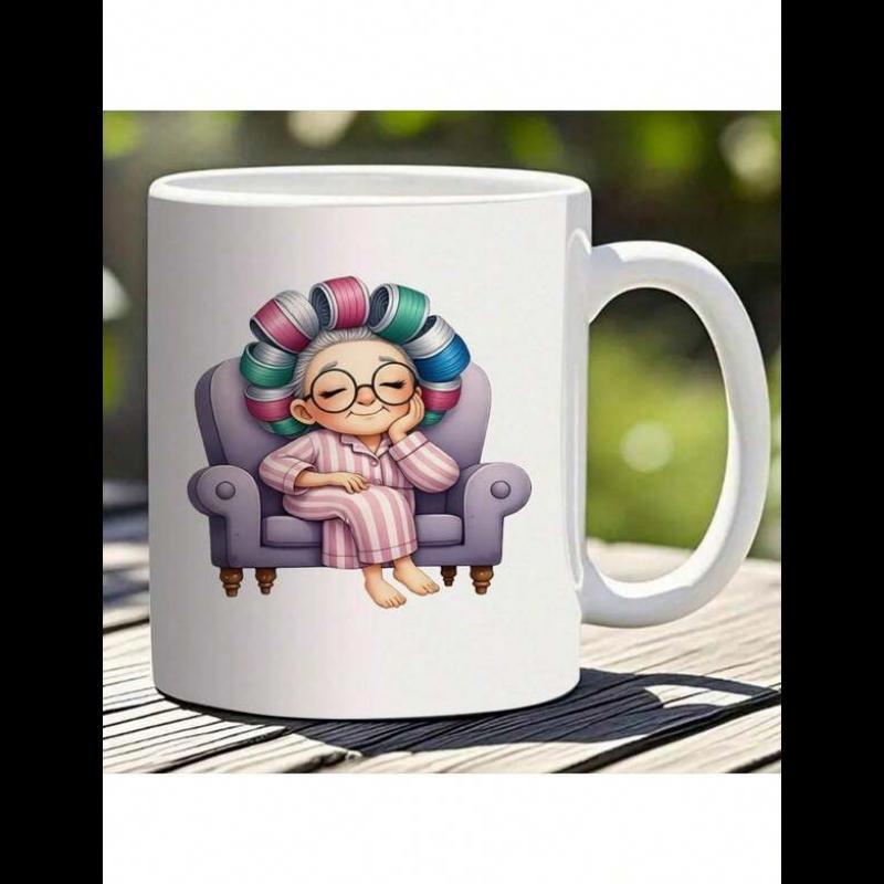 Tailorly White Ceramic 11 oz Mug - Elderly Woman In Pink Pajamas With Colorful Rollers On Cozy Purple Armchair Grandma