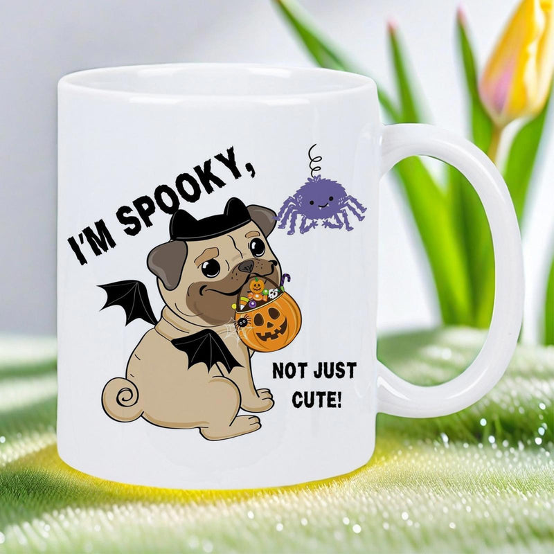 Tailorly White Ceramic 11 oz Mug - Im Spooky Not Just Cute Halloween Costume Wearing Bat Wings Holding Pumpkin Bucket And Cute Spider Pug