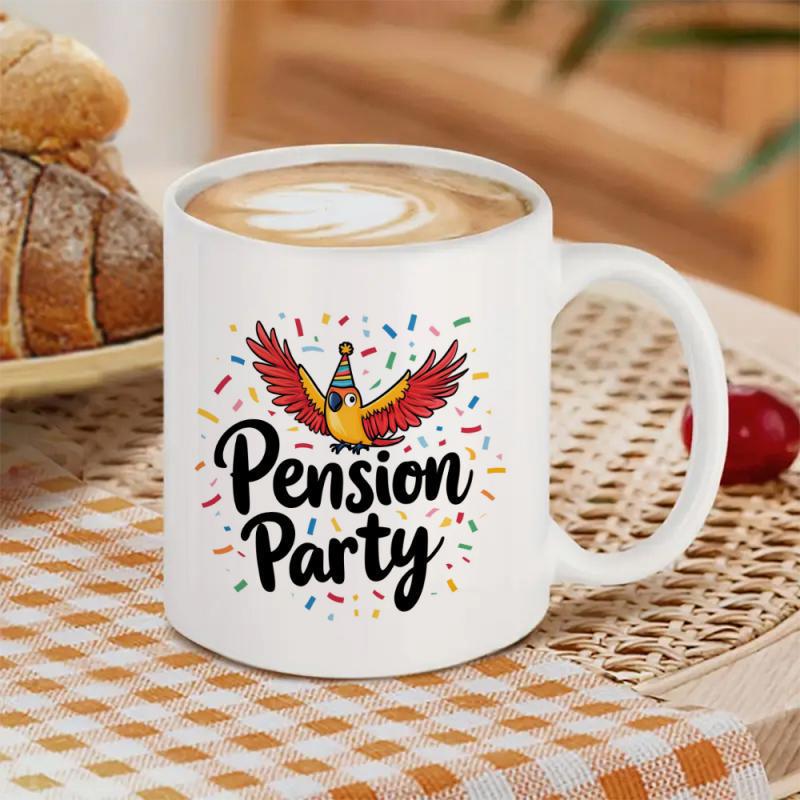 Tailorly White Ceramic 11 oz Mug - Pension Party Colorful Confetti Background With Wings Spread Wearing Small Party Hat Bird