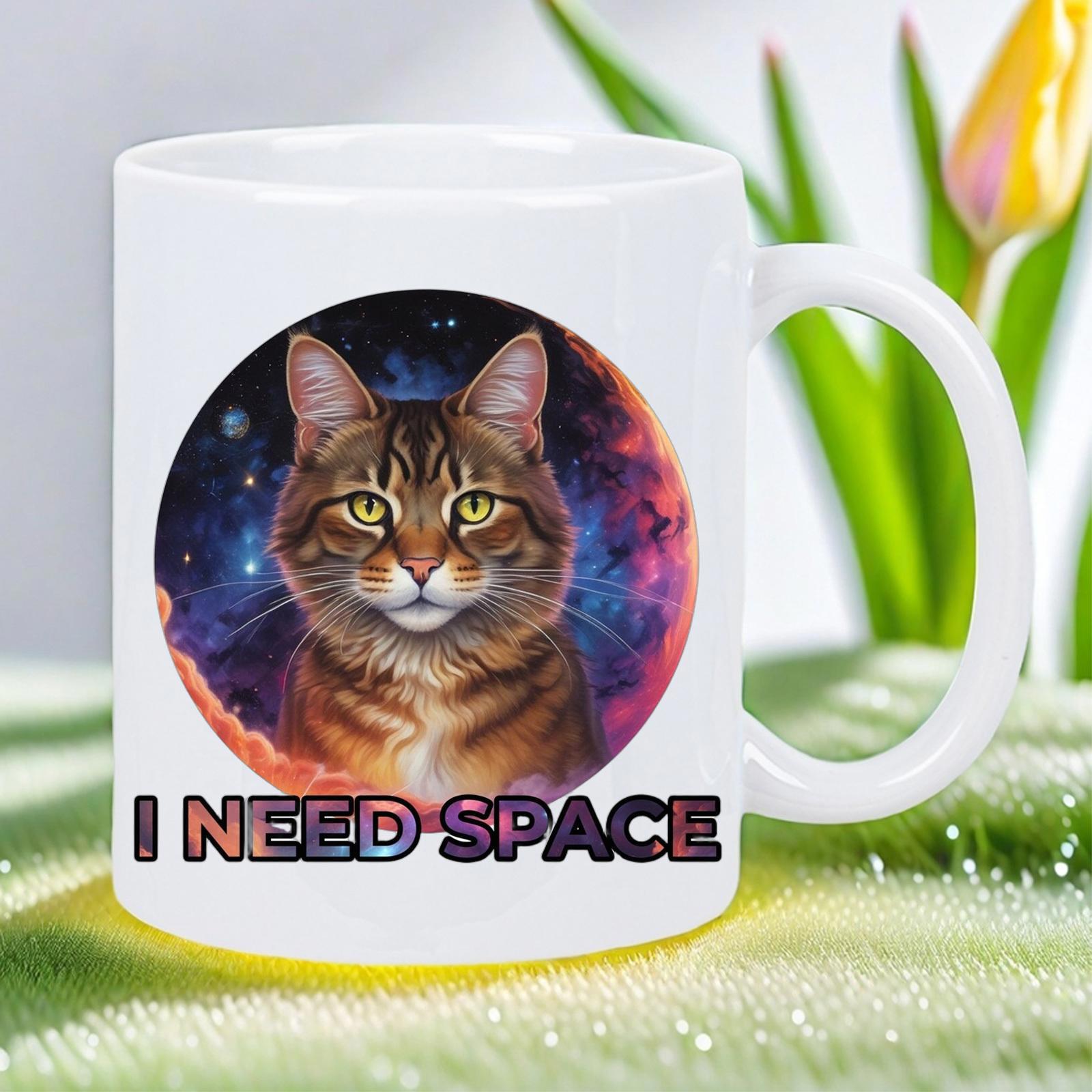 Tailorly White Ceramic 11 oz Mug - I Need Space Staring Majestically While Floating Within A Vibrant Cosmic Nebula Starry Galaxy Cat