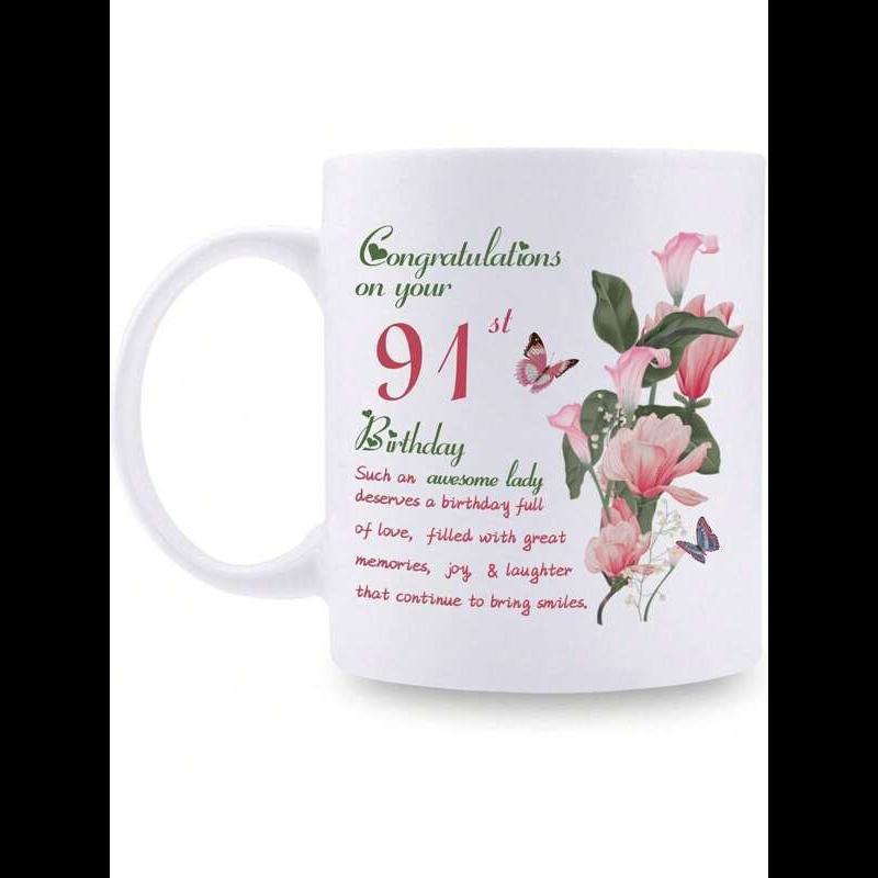 Tailorly White Ceramic 11 oz Mug - Congratulations On Your 91st Birthday Elegant Pink Flowers Blooming Among Delicate Butterflies Under Soft Light Flower