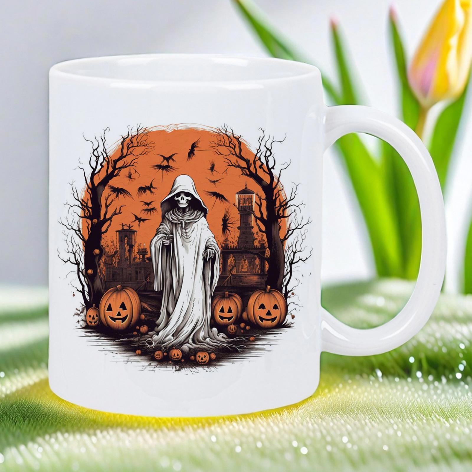 Tailorly White Ceramic 11 oz Mug - Halloween Night With Spooky Pumpkins Under Orange Moon And Flying Bats Skeleton