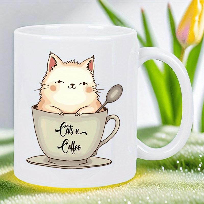Tailorly White Ceramic 11 oz Mug - Cats N Coffee Adorable Fluffy Kitten Sitting Comfortably Inside A Small Ceramic Cup Cat