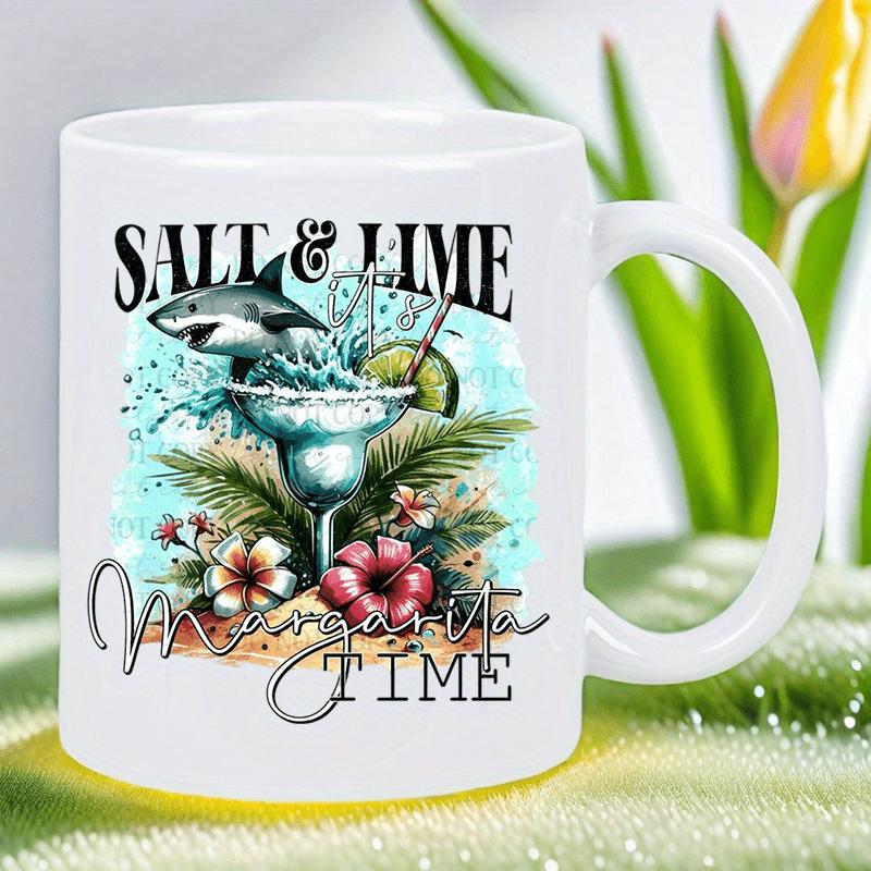 Tailorly White Ceramic 11 oz Mug - Salt Lime Margarita Time Tropical Summer Scene Featuring A Shark Jumping Above A Refreshing Drink Shark