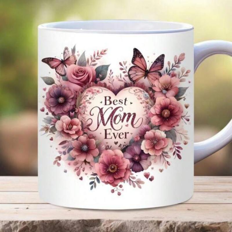 Tailorly White Ceramic 11 oz Mug - Best Mom Ever Soft Pink Flowers With Delicate Butterflies Flying Around A Floral Heart