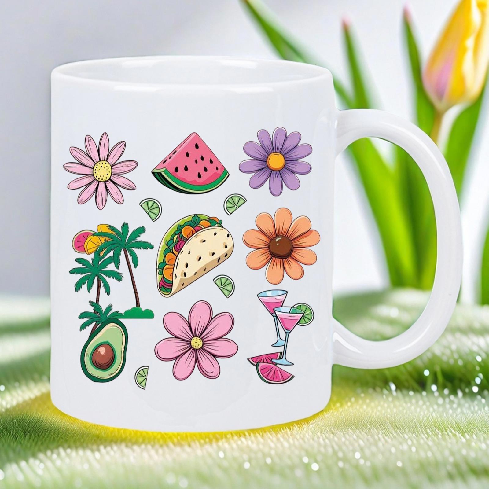 Tailorly White Ceramic 11 oz Mug - Colorful Summer Elements With Tropical Flowers And Delicious Mexican Food Taco