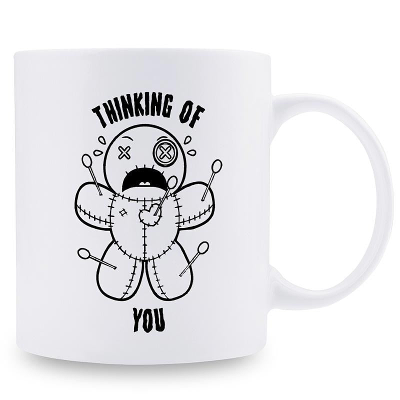 Tailorly White Ceramic 11 oz Mug - Thinking Of You Minimalist Black Line Art Style With Stitches And Pins Doll