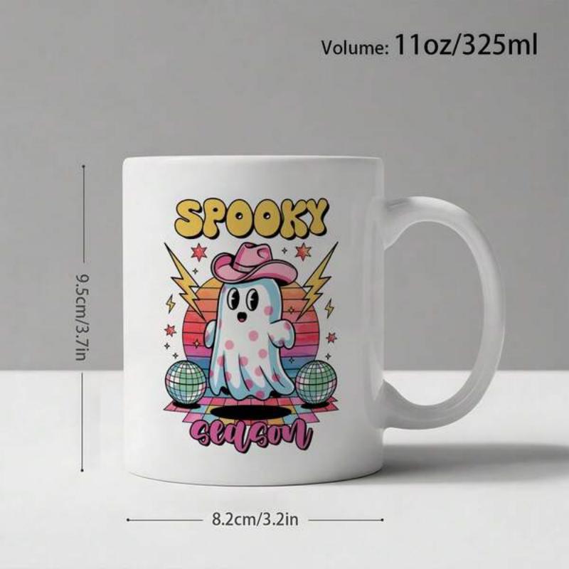 Tailorly White Ceramic 11 oz Mug - Spooky Season Retro Pink Cowboy Hat Floating Amidst Sparkling Disco Balls And Lightning Sunset Ghost