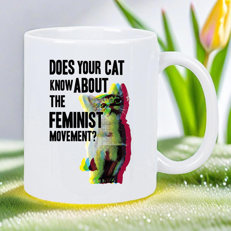 Tailorly White Ceramic 11 oz Mug - Does Your Cat Know About The Feminist Movement Colorful Glitch Effect Silhouette Layers Featuring A Small Domestic Cat