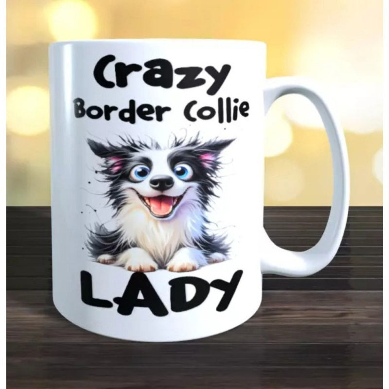 Tailorly White Ceramic 11 oz Mug - Crazy Border Collie Lady Smiling Messy Haired Cartoon Puppy With Expressive Blue Eyes Collie