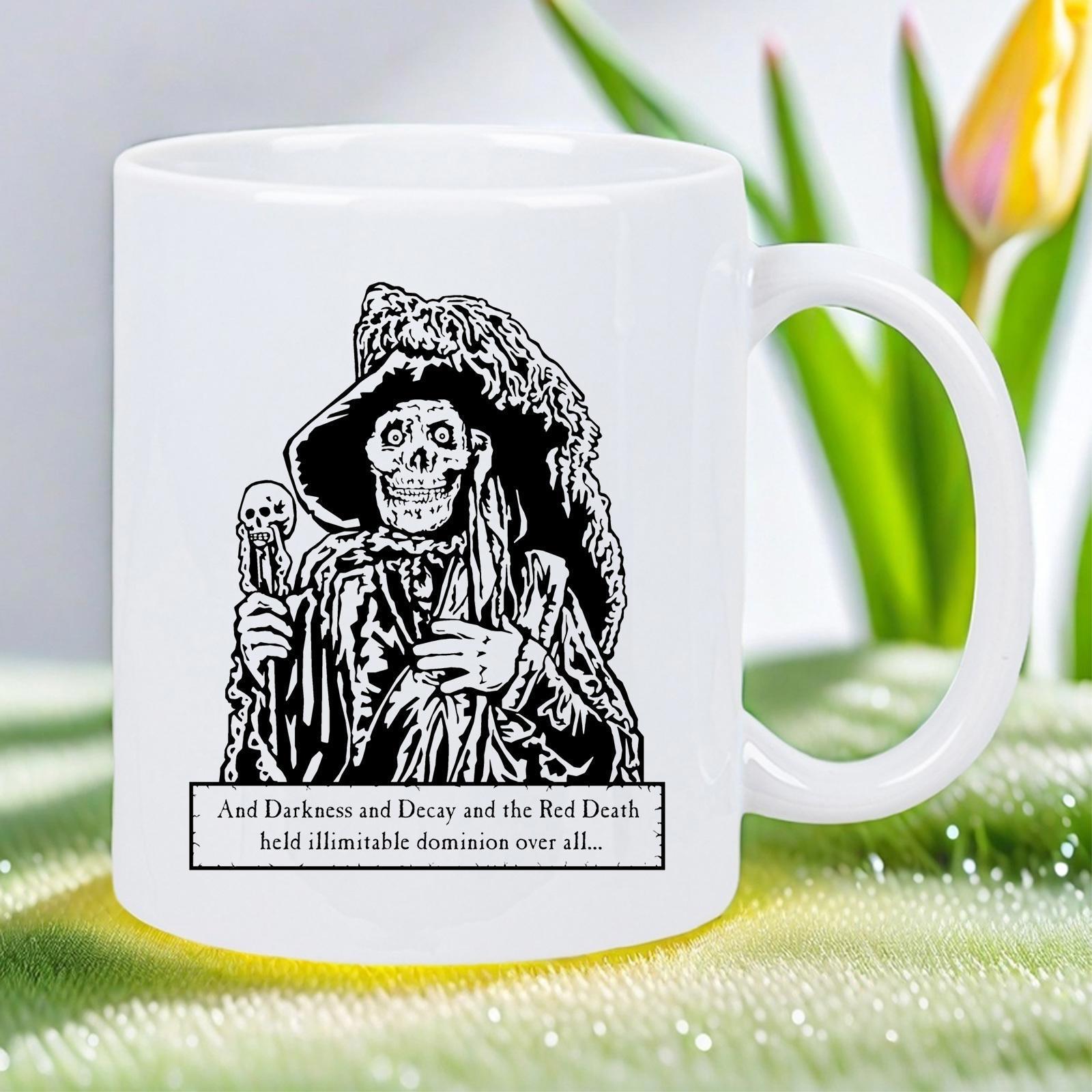Tailorly White Ceramic 11 oz Mug - And Darkness And Decay And The Red Death Held Illimitable Dominion Over All Vintage Macabre Figure Holding Skull Staff Wearing