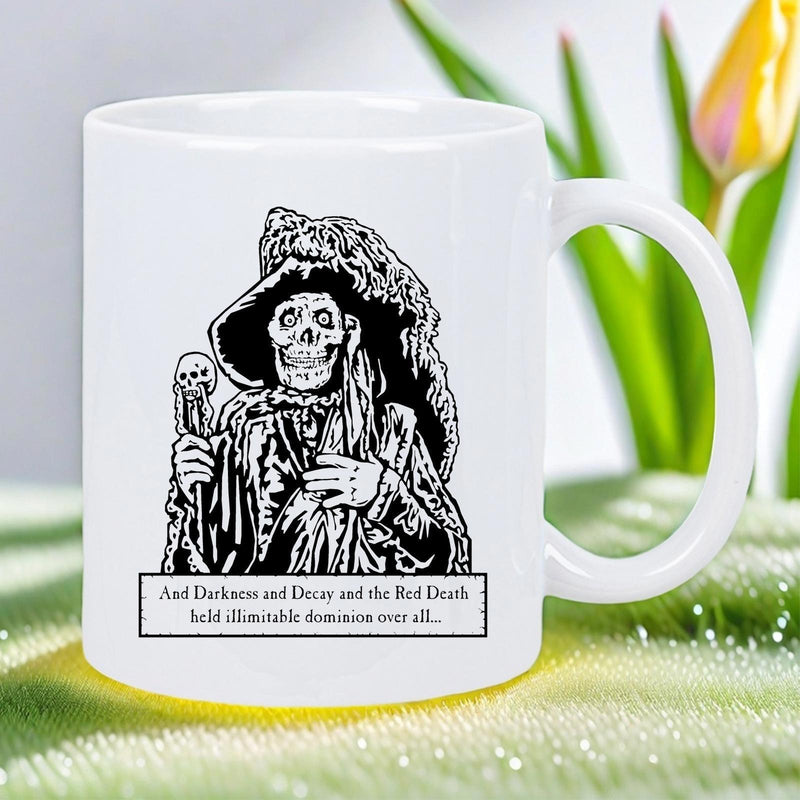Tailorly White Ceramic 11 oz Mug - And Darkness And Decay And The Red Death Held Illimitable Dominion Over All Vintage Macabre Figure Holding Skull Staff Wearing
