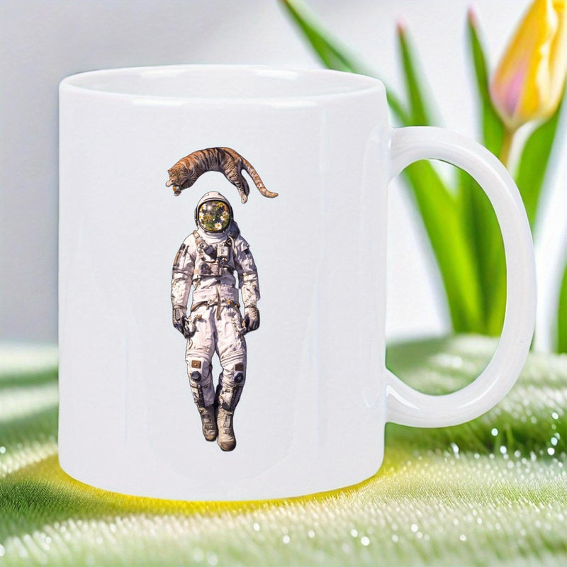 Tailorly White Ceramic 11 oz Mug - Surrealistic Illustration Of Floating Spacesuit Wearing Feline In Infinite Void Cat