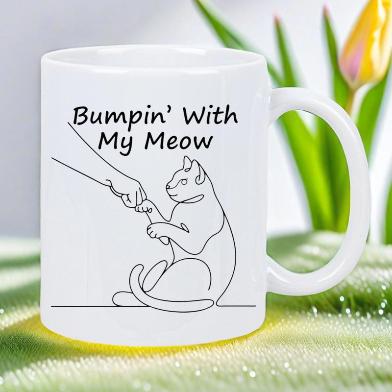 Tailorly White Ceramic 11 oz Mug - Bumpin With My Meow Minimalist Line Art Human Hand Fist Bumping A Cute Sitting Pet Cat