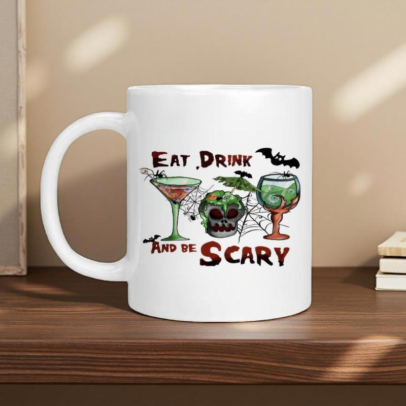 Tailorly White Ceramic 11 oz Mug - Eat Drink And Be Scary Spooky Halloween Cocktails With Skulls And Bats Among Spider Webs Mug
