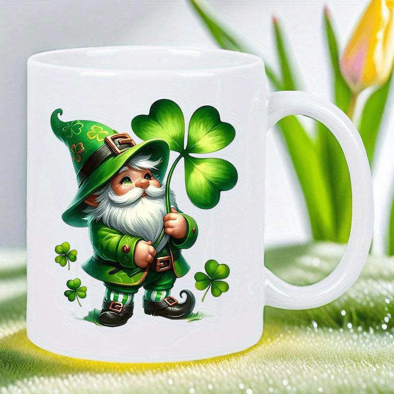 Tailorly White Ceramic 11 oz Mug - Lucky Green St Patrick Day Spirit Holding Large Four Leaf Shamrock Leprechaun