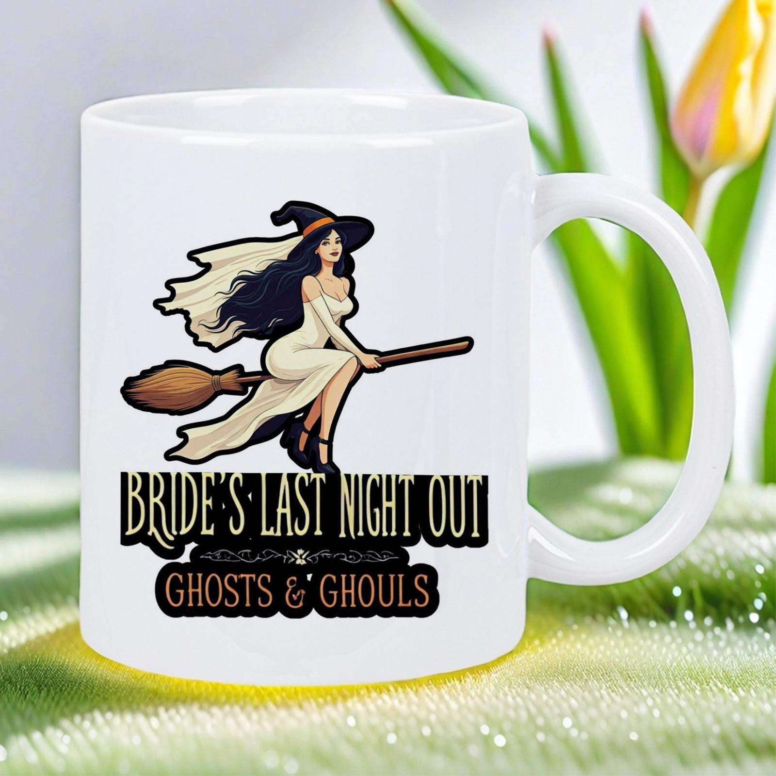 Tailorly White Ceramic 11 oz Mug - Brides Last Night Out Ghosts Ghouls Graceful Bride In White Dress Flying On A Wooden Broomstick Witch