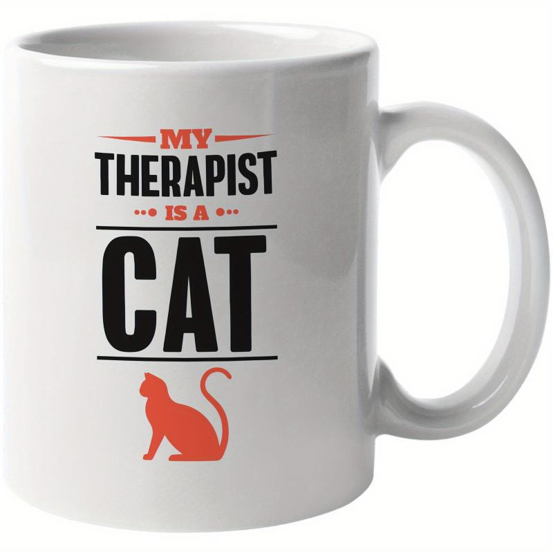 Tailorly White Ceramic 11 oz Mug - My Therapist Is A Cat Minimalist Red Feline Silhouette Resting Calmly Between Two Black Horizontal Lines Cat