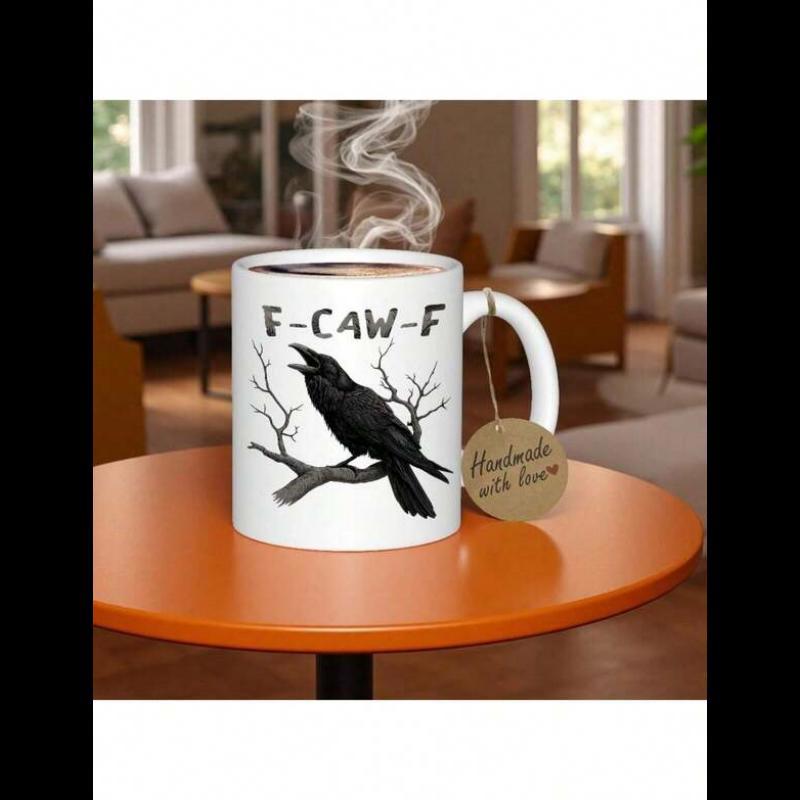 Tailorly White Ceramic 11 oz Mug - F CAW F Silhouette Of A Squawking Black Bird Perched Upon Winter Branches Crow