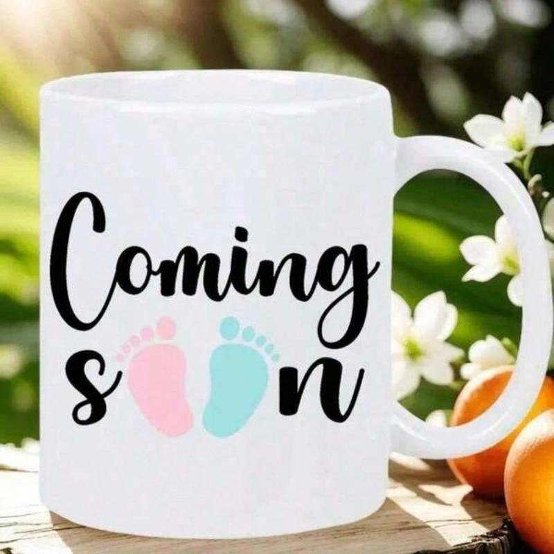 Tailorly White Ceramic 11 oz Mug - Coming Soon Sweet Tiny Pink And Blue Baby Feet Within Graceful Hand Lettering Footprint