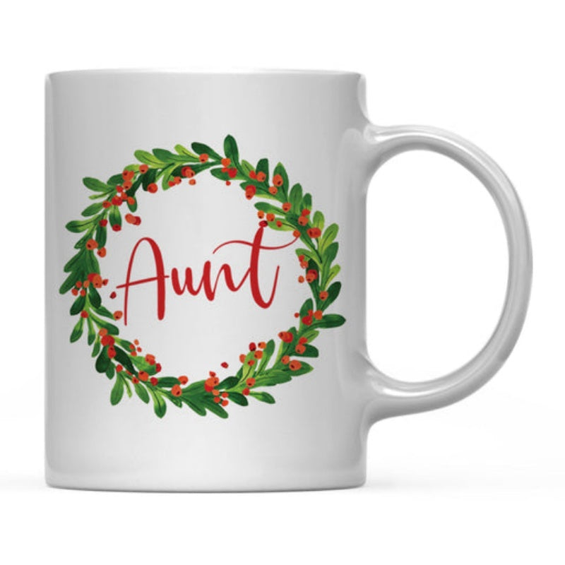 Tailorly White Ceramic 11 oz Mug - Aunt Lush Green Foliage With Vibrant Red Berries In A Circle Wreath