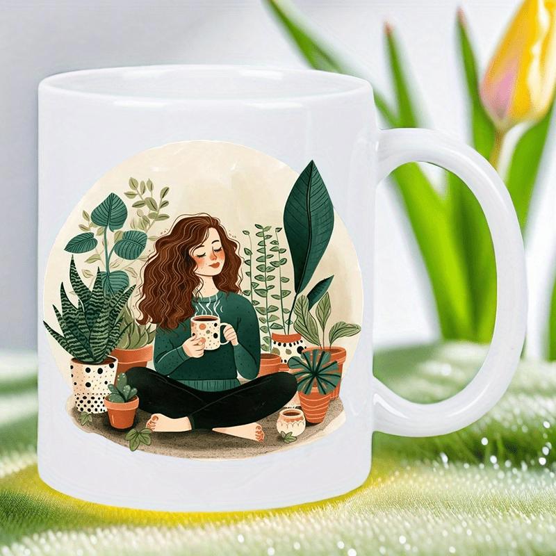 Tailorly White Ceramic 11 oz Mug - Serene Young Woman Sitting Cross Legged Among Many Lush Green Potted Plants Woman