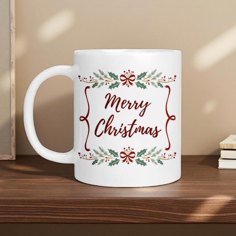 Tailorly White Ceramic 11 oz Mug - Merry Christmas Elegant Festive Holly Leaves With Red Bows And Decorative Floral Pattern