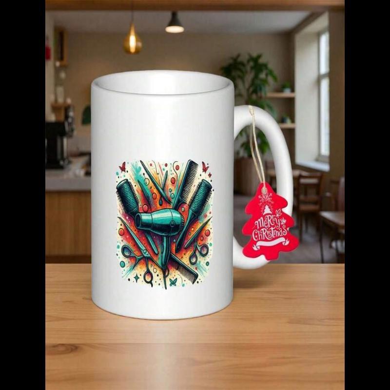 Tailorly White Ceramic 11 oz Mug - Vibrant Artistic Splashes Featuring Professional Styling Equipment In Salon Style Hair Dryer