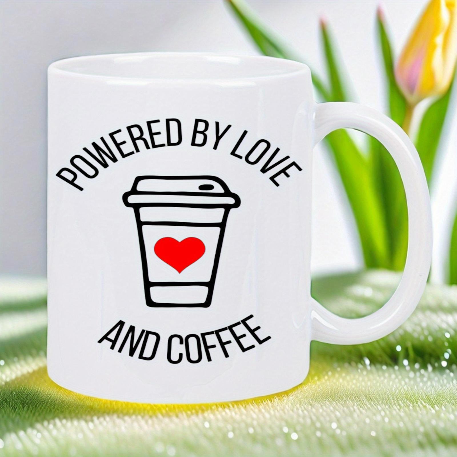 Tailorly White Ceramic 11 oz Mug - Powered By Love And Coffee Minimalist Black Outlined Takeaway Cup Featuring A Vibrant Red Heart Coffee Cup