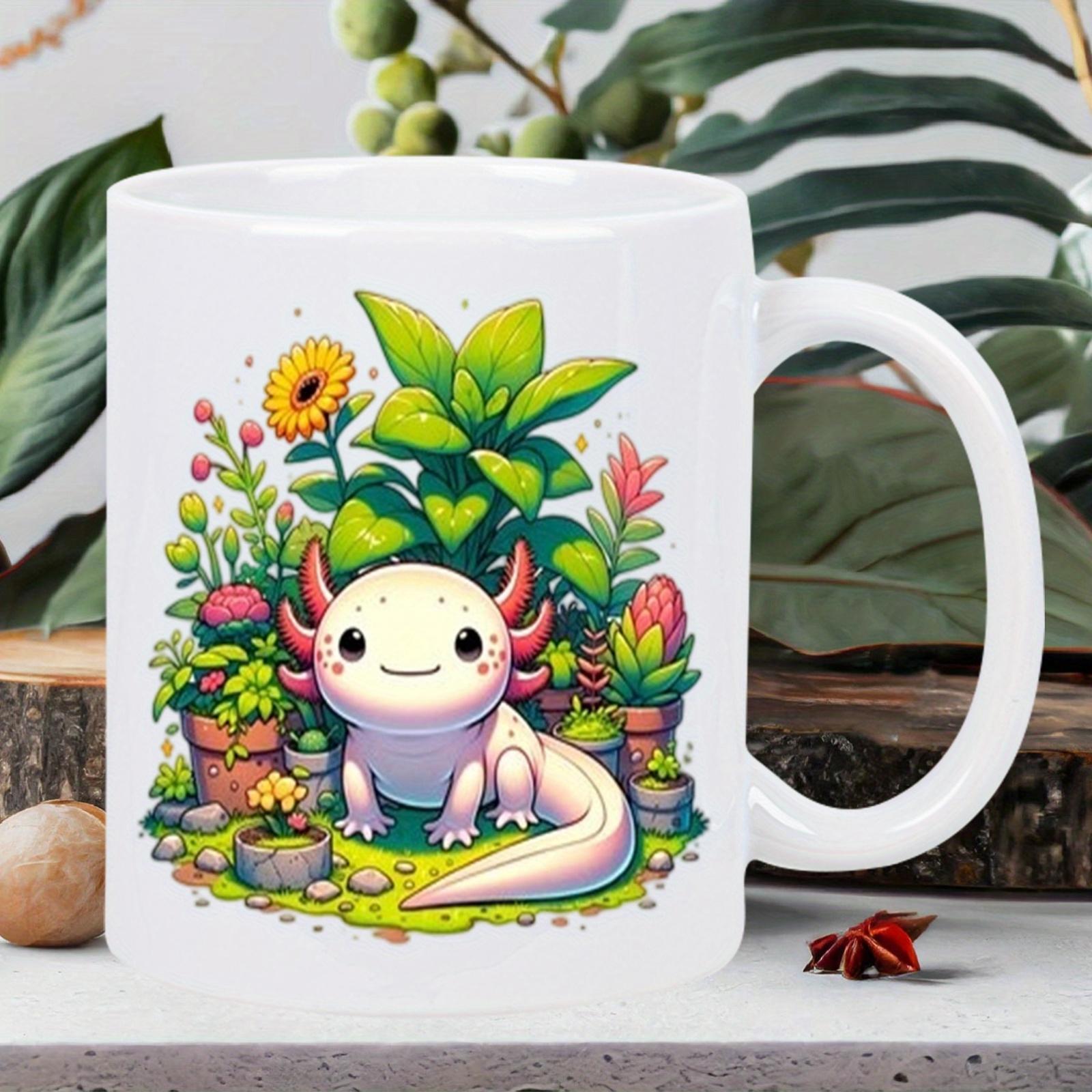 Tailorly White Ceramic 11 oz Mug - Vibrant Garden Greenery With Sunflowers And A Smiling Cartoon Axolotl