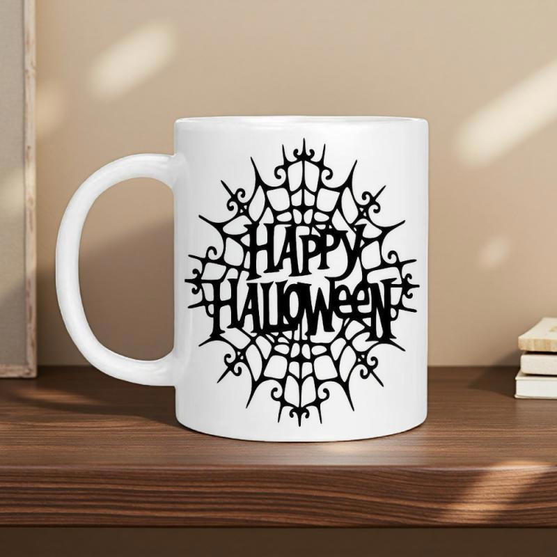 Tailorly White Ceramic 11 oz Mug - Happy Halloween Intricate Spiky Frame With Gothic Style Artistic Decorative Patterns Spiderweb