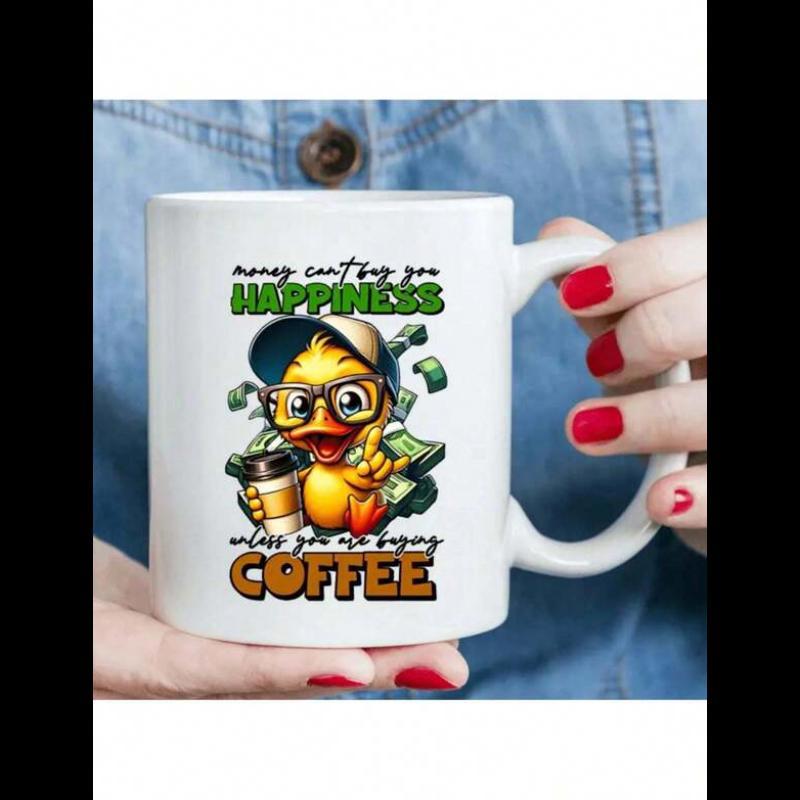 Tailorly White Ceramic 11 oz Mug - Money Cant Buy You Happiness Unless You Are Buying Coffee Trendy Cartoon Yellow Duck With Glasses Holding Coffee Cup Duck