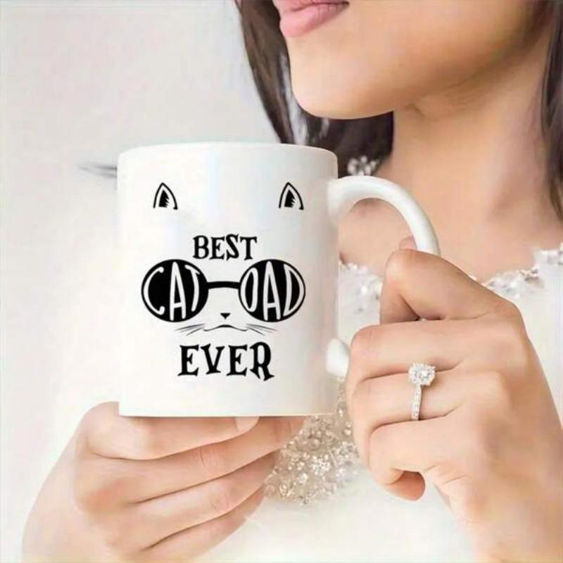 Tailorly White Ceramic 11 oz Mug - Best Cat Dad Ever Cute Minimalist Cat Face With Stylish Sunglasses And Whiskers Cat