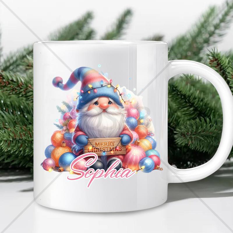 Tailorly White Ceramic 11 oz Mug - Sophia Festive Holiday Ornament Arrangement Featuring A Cute Bearded Christmas Gnome