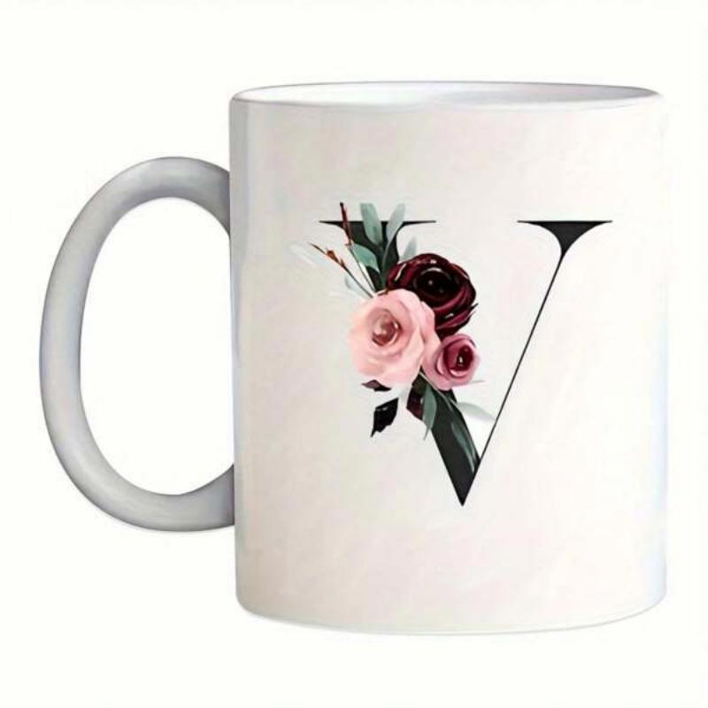 Tailorly White Ceramic 11 oz Mug - V Elegant Serif Style Decorated With Soft Pink And Deep Red Roses Letter