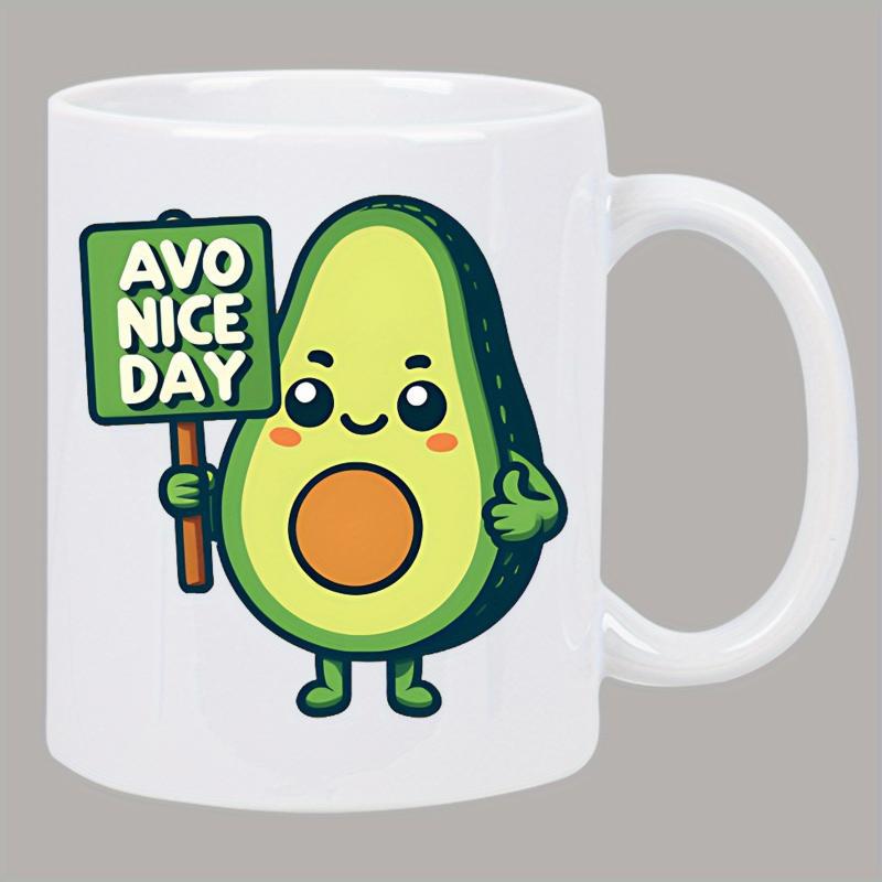 Tailorly White Ceramic 11 oz Mug - Avo Nice Day Smiling Green Cartoon Fruit Character Holding A Helpful Sign Avocado