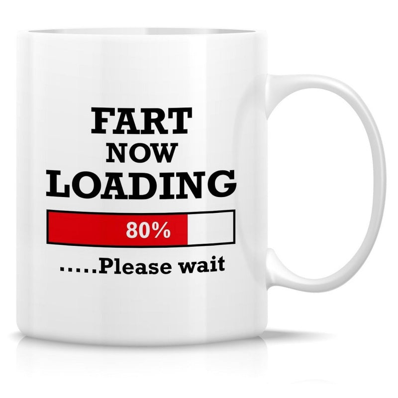 Tailorly White Ceramic 11 oz Mug - Fart Now Loading 80 Please Wait Humorous Digital Progress Bar With Red Fill And Bold Black Letters Sign