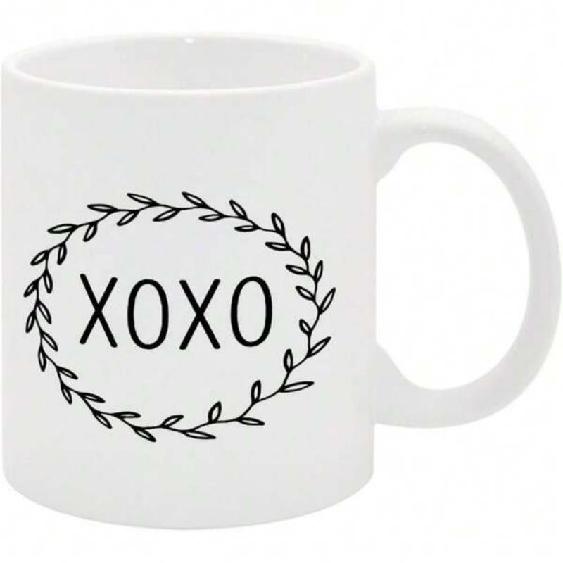 Tailorly White Ceramic 11 oz Mug - Xoxo Elegant Black Leafy Laurel Wreath Border Circling Around Minimalist Script Wreath