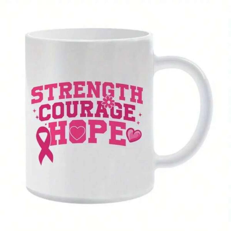 Tailorly White Ceramic 11 oz Mug - Strength Courage Hope Pink Awareness Design Featuring Hearts And Decorative Stars Ribbon