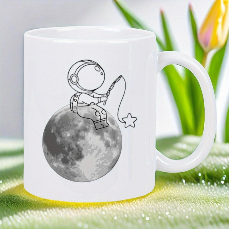 Tailorly White Ceramic 11 oz Mug - Line Art Character Sitting On Moon Fishing For A Glowing Star Astronaut