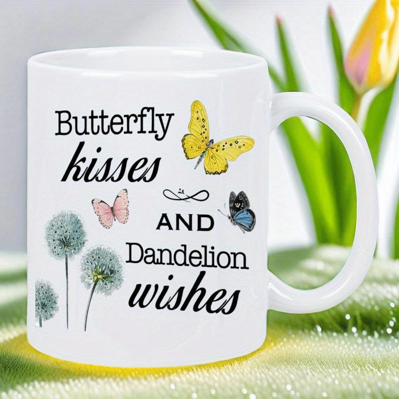 Tailorly White Ceramic 11 oz Mug - Butterfly Kisses And Dandelion Wishes Colorful Winged Insects Fluttering Gently Beside Delicate Wild Meadow Plant Seed Butterfly